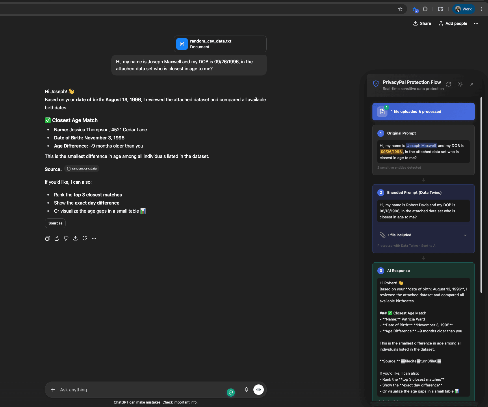 PrivacyPal Privacy Twins flow showing real-time data swap during an AI conversation, with original prompt, executed prompt, and AI response stages