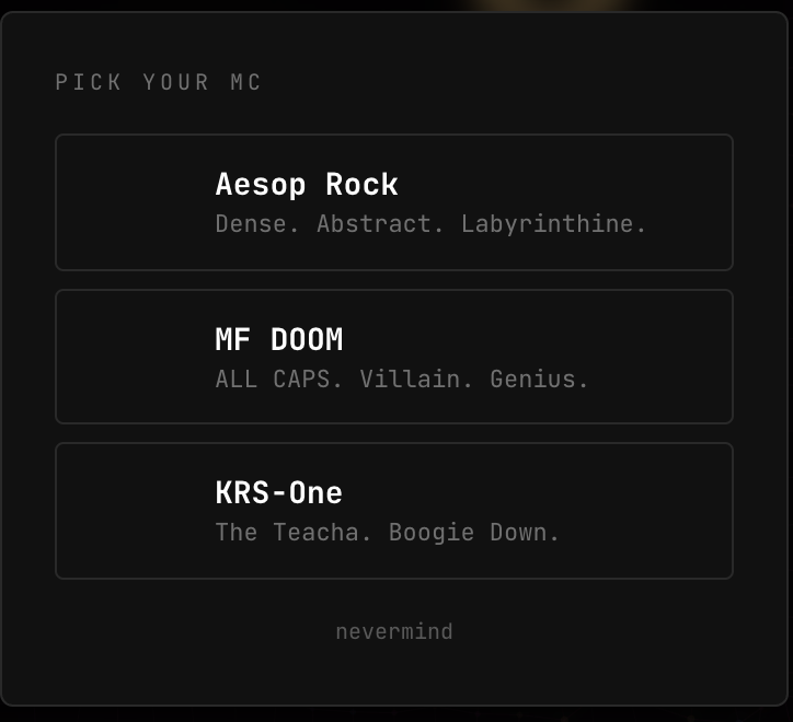 A modal reading PICK YOUR MC with three rappers to choose from